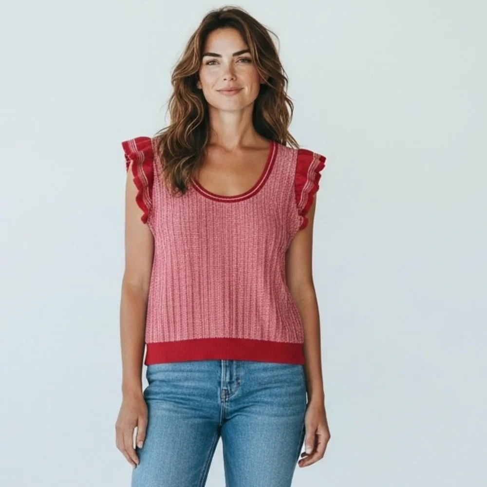 Old Navy Pink and Red Knit Ruffle-Sleeve Tank - Picture 1 of 7